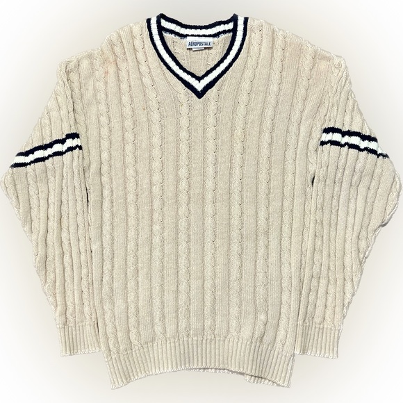 Mens small vintage y2k Aeropostale cable v-neck sweater pullover cream stripe - Picture 3 of 6